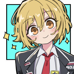 1girl an_apple_akaao black_jacket blonde_hair blue_background border collared_shirt don_quixote_(project_moon) jacket limbus_company looking_at_viewer necktie project_moon red_necktie shirt short_hair simple_background smile solo sparkle upper_body white_background white_border white_shirt yellow_eyes