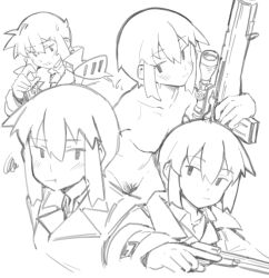 1girl :t breasts closed_mouth commentary completely_nude female_pubic_hair greyscale gun handgun highres holding holding_gun holding_weapon jacket kino_(kino_no_tabi) kino_no_tabi kokuya_(kokuya28) looking_at_viewer monochrome multiple_views nipples nude open_mouth pubic_hair rifle simple_background sketch small_breasts sniper_rifle upper_body weapon