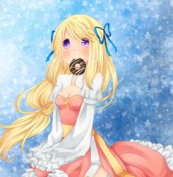 1girl arch_bishop_(ragnarok_online) blonde_hair blue_ribbon blush breasts cleavage cleavage_cutout closed_mouth clothing_cutout commentary_request cowboy_shot cross donut dress food frilled_sleeves frills hair_ribbon juliet_sleeves long_hair long_sleeves looking_at_viewer medium_breasts meiko_(nattu303) mouth_hold pink_dress puffy_sleeves purple_eyes ragnarok_online ribbon sash sleeves_past_fingers sleeves_past_wrists smile solo star_(symbol) star_symbol_background two-tone_dress very_long_hair white_dress yellow_sash