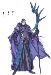 1boy ? alternate_class alternate_costume armor black_gauntlets boots cape fate/grand_order fate_(series) glasses highres holding holding_staff mage_staff miwa_shirow multicolored_hair purple_boots purple_cape sigurd_(fate) solo spiked_hair spikes staff white_background