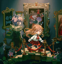 Rule 34 | absurdres, ascot, black socks, blue eyes, blue flower, blush, brown hair, closed mouth, dress, floating hair, flower, full body, fur-trimmed jacket, fur trim, garry (ib), highres, ib (ib), ib (kouri), jacket, kneehighs, leaf, long hair, long sleeves, looking at viewer, looking to the side, mannequin, one eye covered, picture frame, plant, pleated skirt, purple hair, putong xiao gou, red ascot, red dress, red eyes, red shoes, red skirt, shirt, shoes, short hair, skirt, socks, stairs, standing, vines, walking, wavy hair, white shirt