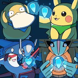 :d black_eyes brown_eyes creatures_(company) deoxys game_freak gen_1_pokemon gen_3_pokemon hands_on_own_head heart komepan latias latios legendary_pokemon mythical_pokemon nintendo no_humans open_mouth pikachu pokemon pokemon_(creature) pokemon_focus psyduck red_eyes smile tongue yellow_eyes