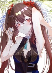 1girl absurdres black_dress blue_dress blush breasts brown_hair choker cleavage_cutout clothing_cutout cosplay dice dress flower-shaped_pupils genshin_impact gradient_hair hair_ornament highres hu_tao_(genshin_impact) jewelry leaf long_hair looking_at_viewer luobotou_cuncun_zhang multicolored_hair orange_eyes red_headwear ring sidelocks signature sleeveless small_breasts solo symbol-shaped_pupils twintails white_background yelan_(genshin_impact)_(cosplay)