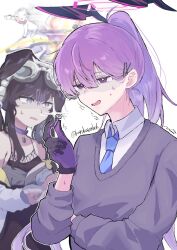 1boy 2girls animal_ears black_hair blue_archive blue_necktie collared_shirt dog_ears dog_girl doodle_sensei_(blue_archive) gloom_(expression) gloves goggles goggles_on_head grey_eyes hair_between_eyes hair_ornament hairclip halo hashtag-only_commentary hibiki_(blue_archive) highres holding jacket karubo long_hair long_sleeves multiple_girls necktie partially_shaded_face ponytail purple_gloves purple_hair screw sensei_(blue_archive) shirt simple_background sweat thundergun_(blue_archive) trembling twitter_username utaha_(blue_archive) white_background white_shirt yellow_halo