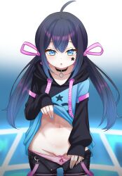 1girl absurdres ahoge black_hair blue_eyes blue_hair blush choker clothes_pull commentary_request gradient_background highres hood hooded_jacket indie_virtual_youtuber jacket long_hair looking_at_viewer mugen_mochi nail_polish navel open_mouth panties panty_pull pentagram pink_panties pussy shorts shorts_pull solo star_(symbol) tori_(minamopa) twintails underwear virtual_youtuber