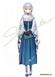 1girl animal_ears aqua_sash black_gloves blonde_hair blue_hakama blush book bookmark boots braid closed_mouth commentary_request company_name copyright_notice dog_ears dog_girl dog_tail double-parted_bangs floral_print floral_print_kimono gloves gradient_hair green_eyes grey_hair hair_between_eyes hakama hakama_skirt holding holding_book japanese_clothes kagawa_ichigo kimono lace lace-up_boots lace_gloves long_hair long_sleeves looking_at_viewer low_twin_braids multicolored_eyes multicolored_hair nijisanji obi official_alternate_costume official_art print_kimono sample_watermark sash shioriha_ruri shioriha_ruri_(2nd_costume) sidelocks skirt solo tail tassel twin_braids virtual_youtuber watermark white_background white_boots white_kimono wide_sleeves yellow_eyes