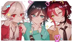 3boys alternate_costume aqua_eyes artist_name bandaged_hand bandages black_bow black_bowtie black_choker black_hair black_necktie blue_hair blue_sweater bow bowtie braid brown_sweater choker closed_mouth collar collared_shirt face_filter genshin_impact gradient_hair green_eyes hair_between_eyes kaedehara_kazuha male_focus mole mole_under_eye multicolored_hair multiple_boys necktie nene_chiru ponytail red_eyes red_hair red_sweater shikanoin_heizou shirt side_braids smile sparkle streaked_hair sweater twin_braids v venti_(genshin_impact) white_background white_collar white_hair white_shirt