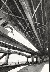 Rule 34 | bridge, concrete, highres, highway, ibsukionsen, no humans, original, overpass, painting (medium), scenery, shadow, steel beam, sunlight, traditional media, truss, truss bridge