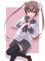 Rule 34 | 1girl, black thighhighs, blush, brown hair, female focus, grey skirt, hair between eyes, long hair, long sleeves, looking at viewer, momochi tamate, open mouth, purple eyes, shirt, shoes, skirt, slow start, standing, standing on one leg, thighhighs, twintails, wazyasuzu, white shirt