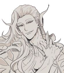 Rule 34 | 1boy, :p, bite mark, bite mark on neck, bleeding, blood, blood on neck, collar tug, curly hair, elbow gloves, fate/grand order, fate (series), fingernails, fog fgo, gloves, greyscale, head tilt, highres, licking lips, long fingernails, long hair, looking at viewer, male focus, monochrome, sharp fingernails, simple background, smirk, solo, spot color, tongue, tongue out, upper body, wolfgang amadeus mozart (fate)