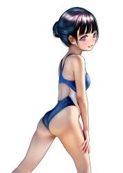1girl absurdres ass bare_shoulders black_hair blue_one-piece_swimsuit blush breasts competition_school_swimsuit competition_swimsuit emutsuichi hair_bun highres looking_at_viewer one-piece_swimsuit open_mouth original purple_eyes school_swimsuit short_hair simple_background small_breasts smile solo swimsuit two-tone_one-piece_swimsuit two-tone_swimsuit white_background white_one-piece_swimsuit