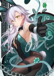 1girl animal_ear_hairband animal_ears black_gloves black_leotard black_wrist_cuffs bow bowtie breasts covered_navel dated detached_collar double-parted_bangs eiyuu_densetsu fake_animal_ears fake_tail fie_claussell gloves green_eyes hair_between_eyes hairband highleg highleg_leotard highres leotard long_hair pantyhose playboy_bunny poker_chip rabbit_ear_hairband rabbit_ears rabbit_tail sen_no_kiseki_(series) sideboob small_breasts solo strapless strapless_leotard tail traditional_bowtie v-neck white_hair willfin wrist_cuffs