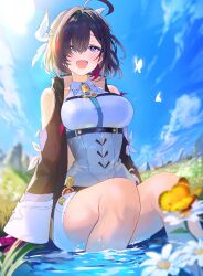 1girl absurdres ahoge arm_ribbon atelier_(series) atelier_yumia black_hair blue_eyes breasts chest_belt clothing_cutout commentary_request framed_breasts gloves grey_corset highres large_breasts mole mole_under_eye official_art partially_fingerless_gloves red_gloves ribbon shoulder_cutout solo yumia_liessfeldt