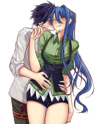 1boy 1girl absurdres black_hair blue_hair blush breasts closed_eyes commentary commission double-parted_bangs eiyuu_densetsu english_commentary hair_between_eyes highres hug hug_from_behind large_breasts laura_s._arseid long_hair moren_eh one_eye_closed ponytail rean_schwarzer sen_no_kiseki_(series) short_hair shorts simple_background single_hair_intake smile vest waistcoat white_background yellow_eyes