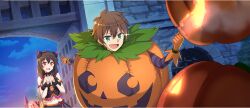 1boy 1girl :d black_choker black_skirt bow braid breasts bridge brown_hair choker cleavage clenched_hand clenched_hands cloud crown_braid double-parted_bangs dutch_angle game_cg gem gloves green_eyes groin hair_bow halloween halloween_costume hands_up head_tilt highres horn_hairband horns jack-o&#039;-lantern kono_subarashii_sekai_ni_shukufuku_wo! konosuba!_fantastic_days large_breasts medium_hair midriff navel night night_sky official_art open_mouth orange_gloves outdoors protecting purple_bow red_bow red_eyes red_gemstone red_horns ribbon_choker satou_kazuma skirt sky small_sweatdrop smile sparkle star_(sky) starry_sky striped_bow third-party_source worried yunyun_(konosuba)