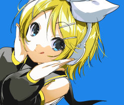 1girl =_hair_ornament blonde_hair blue_background blue_eyes bow_hairband closed_mouth deezydays detached_sleeves hair_ornament hairband hairclip headphones highres kagamine_rin looking_at_viewer parted_bangs shirt short_hair simple_background sleeveless sleeveless_shirt smile solo tongue tongue_out upper_body vocaloid white_hairband