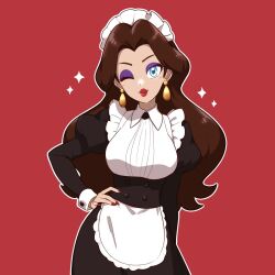 1girl alternate_costume apron black_dress blue_eyes brown_hair commentary dress earrings enmaided eyeshadow fingernails hand_on_own_hip highres jewelry juliet_sleeves long_hair long_sleeves looking_at_viewer maid maid_headdress makeup mario_(series) muis0802 nintendo one_eye_closed pauline_(mario) puffy_sleeves purple_eyeshadow red_background red_nails simple_background solo super_mario_odyssey waist_apron white_apron