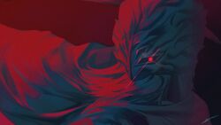 1boy absurdres beard cloak elden_ring elden_ring:_shadow_of_the_erdtree facial_hair glowing glowing_eye helm helmet highres male_focus red_theme signature sir_ansbach xi-u