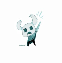 1boy artist_name bags_under_eyes black_eyes commentary frown grey_cloak halftone hashtag-only_commentary highres hightguy hollow_knight horns looking_at_viewer nail_(hollow_knight) notice_lines open_mouth solo weapon white_background zote