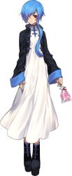 1girl blue_hair blue_nails candy chinese_clothes dress food full_body highres holding holding_candy holding_food holding_lollipop jacket lollipop long_dress long_sleeves matsuda_toki matsudappoine nail_polish official_art red_eyes short_hair single_sidelock solo swirl_lollipop transparent_background utau white_dress