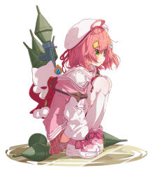 1girl 35p_(sakura_miko) absurdres ahoge ama_rei beret blush brick_floor cat_hair_ornament closed_mouth from_side green_eyes hair_ornament hairclip hat highres hololive jacket letterman_jacket looking_ahead medium_hair official_alternate_costume pink_hair pink_jacket pink_shoes plaid_clothes plaid_skirt red_bag red_skirt rocket_launcher sailor_collar sakura_miko sakura_miko_(school_uniform) school_uniform shirt shoes skirt sleeves_past_fingers sleeves_past_wrists solo squatting stuffed_animal stuffed_toy virtual_youtuber weapon white_background white_hat white_sailor_collar white_shirt