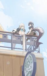 2girls absurdres apron ass asuna_(blue_archive) balcony black_dress black_hair black_panties blonde_hair blue_archive blue_bow blue_bowtie blue_eyes blue_halo bow bowtie breasts cleavage colored_inner_hair dress ellen_joe fins fish_tail frilled_apron frilled_skirt frills gloves hair_ornament hair_over_one_eye hairclip halo highres large_breasts long_hair looking_at_viewer maid maid_apron maid_headdress mole mole_on_breast multicolored_hair multiple_girls panties pantyhose red_eyes red_hair rimeye shark_tail short_hair sitting skirt smile tail thighhighs underwear very_long_hair white_gloves white_thighhighs zenless_zone_zero