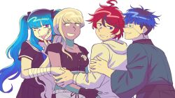 2boys 2girls ahoge amemiya_darumi bandaged_arm bandages bisexual_female bisexual_male black_hair blonde_hair blue_eyes blue_hair collar collarbone earrings eyepatch face_piercing grey_eyes heart jewelry kawana_tsubasa lip_piercing long_hair messy_hair mole mole_under_mouth multiple_boys multiple_girls omokage_yugamu one_eye_closed open_mouth piercing pink_eyes red_eyes red_hair smile sumino_takumi teeth the_hundred_line_-last_defense_academy- tongue tongue_out twintails upper_body white_background wink yaoi yuri
