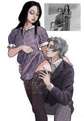 Rule 34 | 1boy, 1girl, black hair, black thighhighs, brokenramen, clothes lift, collared shirt, daan (fear &amp; hunger), dress, dress lift, elise (fear &amp; hunger), fear &amp; hunger (series), fear &amp; hunger 2: termina, grey hair, hand on another&#039;s thigh, highres, husband and wife, lace, lace-trimmed thighhighs, lace trim, purple dress, reference inset, shirt, simple background, thighhighs