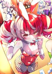6+girls absurdres alternate_costume animal_ear_hairband animal_ears anya_melfissa applying_lipstick applying_makeup ass bent_over black_pantyhose blue_leotard bow bowtie breasts brown_hair commentary cosmetics covered_navel detached_collar double_bun eating english_commentary fake_animal_ears fishnet_pantyhose fishnets grey_hair hair_between_eyes hair_bun hairband heterochromia highres hololive hololive_indonesia kghazir kobo_kanaeru kureiji_ollie large_breasts leotard lipstick_tube looking_at_viewer moona_hoshinova multicolored_hair multiple_girls open_mouth pantyhose patchwork_skin pavolia_reine playboy_bunny purple_hair purple_leotard rabbit_ears rabbit_tail red_bow red_bowtie red_eyes red_hair red_hairband red_leotard red_lips red_thighhighs small_breasts solo_focus streaked_hair tail thigh_gap thighhighs thighhighs_over_pantyhose virtual_youtuber white_hair white_pantyhose wrist_cuffs yellow_eyes