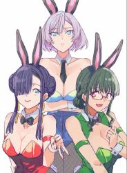 Rule 34 | 3girls, animal ears, anosillus ii, black hair, blue eyes, blush, braid, breasts, detached collar, earrings, fake animal ears, glasses, grey hair, gridman universe, gridman universe (movie), hair between eyes, hair bun, hair over one eye, jewelry, large breasts, leotard, long hair, looking at viewer, mujina, multiple girls, open mouth, playboy bunny, princess (dynazenon), rabbit ears, red eyes, risyo, shirt, short hair, smile, ssss.dynazenon, strapless, strapless leotard, thighs, wrist cuffs