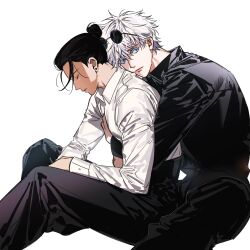 Rule 34 | 2boys, arm on thigh, black hair, black jacket, black pants, blue eyes, closed mouth, colored eyelashes, couple, dress shirt, earrings, elbow on thigh, formal clothes, from side, gakuran, getou suguru, gojou satoru, hair bun, head on another&#039;s back, highres, hug, hug from behind, jacket, jewelry, jujutsu kaisen, looking down, looking to the side, loose hair strand, male focus, messy hair, multiple boys, my onenon1y, pant suit, pants, parted lips, school uniform, shirt, short hair, simple background, sitting, stud earrings, suit, white background, white eyelashes, white hair, white shirt, yaoi