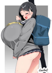 1girl ass bag black_hair black_sailor_collar black_skirt blush bob_cut border breasts cardigan gigantic_breasts grey_background grey_cardigan grey_eyes hair_ornament hairclip kirigaya_suguha long_sleeves looking_at_viewer open_mouth sailor_collar school_bag school_uniform short_hair simple_background skirt smile solo sweat sword_art_online thighs toudori white_border