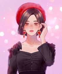 1girl black_shirt brown_eyes brown_hair dia_(k-pop_group) earrings eyelashes hair_behind_ear hashtag-only_commentary hat heart heart_earrings jewelry long_sleeves looking_at_viewer necklace real_life red_hat shirt short_hair solo sparkle wuxzeu yebin