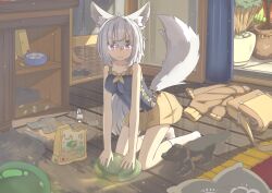 Rule 34 | absurdres, animal ears, bag, belt, blue shirt, bowl, chinese commentary, cleaning, cushion, dog, facing viewer, fox ears, fox girl, fox tail, highres, hinbackc, jacket, kneeling, lock, looking at viewer, newspaper, original, padlock, pet bowl, pet food, plant, potted plant, purple eyes, school bag, shirt, short hair, skirt, slime (creature), socks, tail, tail raised, unworn jacket, vase, white hair, wooden floor, yellow skirt, zabuton