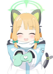 1girl :d ^_^ absurdres afterimage animal_ear_headphones animal_ears aqua_coat blonde_hair blue_archive blush bow cat_ear_headphones cat_ears cat_tail closed_eyes coat commentary dot_nose facing_viewer fake_animal_ears fake_tail green_bow green_halo green_mittens hair_bow halo headphones heart highres korean_commentary long_sleeves low-tied_sidelocks midori_(blue_archive) midori_(winter)_(blue_archive) mittens motion_lines multicolored_coat official_alternate_costume open_hands open_mouth reaching reaching_towards_viewer scarf sidelocks simple_background smile snow snow_in_hand solo straight-on tail tail_raised tail_wagging teeth upper_body upper_teeth_only whddus6712 white_background white_scarf wide_sleeves winter_clothes winter_coat zipper_pull_tab