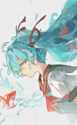1girl adversarial_noise aqua_eyes aqua_hair artist_name black_sailor_collar bottle_miku commentary english_commentary from_side hatsune_miku highres koi leaning_forward liquid_hair neckerchief openvl parted_lips profile red_neckerchief sailor_collar shirt short_sleeves simple_background solo twintails upper_body vocaloid water_drop white_background white_shirt