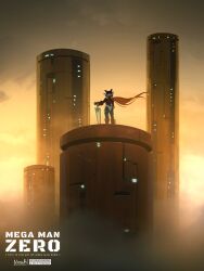 1boy armor blonde_hair copyright_name energy_sword from_behind helmet highres holding holding_sword holding_weapon long_hair male_focus mega_man_(series) mega_man_zero_(series) noinoichebura red_armor red_helmet solo standing sword very_wide_shot watermark weapon z_saber zero(z)_(mega_man) zero_(mega_man)