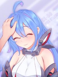 1girl ahoge azur_lane bare_shoulders blue_hair blush breasts character_name closed_eyes commentary english_commentary headpat helena_(azur_lane) helena_(retrofit)_(azur_lane) highres kyl490 long_hair looking_at_viewer medium_breasts purple_eyes retrofit_(azur_lane) smile twitter_username upper_body