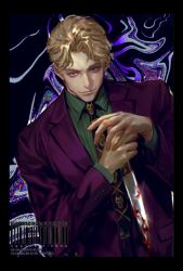 1boy blonde_hair diamond_wa_kudakenai formal_clothes highres jojo_no_kimyou_na_bouken kira_yoshikage lu_cy_6 necktie purple_eyes purple_suit shirt solo suit