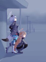 2_pycat 2girls absurdres blue_archive blue_hair blue_halo boots grey_boots hair_between_eyes halo highres long_hair looking_to_the_side medium_hair multiple_girls multiple_tails nodoka_(blue_archive) orange_hair orange_halo school_uniform shigure_(blue_archive) tail