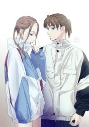 1boy 1girl arm_at_side blue_eyes braid brown_eyes brown_hair contemporary eye_contact gradient_background hand_up highres jacket karasu_wa_aruji_wo_erabanai koume_(yatagarasu_series) long_hair looking_at_another mole mole_under_eye nori_(norimakigumo) short_hair simple_background standing track_jacket yukiya_(yatagarasu_series)