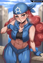 1girl abs absurdres artist_name bandana bare_back bare_shoulders blannis blue_gloves breasts female_focus gloves highres lips medium_breasts nintendo orange_hair pants pokemon pokemon_rse shelly_(pokemon) steam team_aqua thick_thighs thighs toned toned_female twitter_username