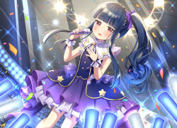 1girl :d audience black_hair blunt_bangs blush bow commentary_request concert dress frilled_dress frills glowstick hair_bow hair_ornament hand_on_own_chest hands_up hibiki_tohru highres holding holding_microphone idol idol_clothes idolmaster idolmaster_cinderella_girls looking_at_viewer microphone night open_mouth print_dress purple_bow purple_dress red_eyes sajo_yukimi short_dress side_ponytail sidelocks smile solo stage stage_lights standing star_(symbol) star_hair_ornament star_print tareme white_wrist_cuffs wrist_cuffs