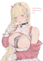 Rule 34 | 1girl, 2226327343, absurdres, bare shoulders, blonde hair, blush, breasts, brown hair, cleavage, collar, goddess of victory: nikke, hair ornament, highres, holding, horns, large breasts, long hair, looking at viewer, mole, mole under eye, open mouth, pantyhose, pink eyes, red eyes, skirt, smile, solo, viper (nikke)