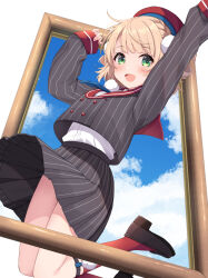 1girl :d arm_up beret blonde_hair blue_ribbon blue_sky blunt_bangs braid brown_shoes buttons cloud collared_shirt commentary_request double-breasted dress_shirt green_eyes grey_jacket grey_skirt hair_ornament hair_rings hand_up hat highres holding indie_virtual_youtuber jacket kneehighs kurono_yuzuko legwear_garter loafers long_sleeves looking_at_viewer miniskirt neck_ribbon open_mouth outstretched_arm picture_frame pinstripe_jacket pinstripe_pattern pinstripe_skirt pleated_skirt pom_pom_(clothes) pom_pom_hair_ornament red_hat red_sailor_collar red_socks ribbon sailor_collar school_uniform shigure_ui_(vtuber) shigure_ui_(vtuber)_(1st_costume) shirt shirt_tucked_in shoes short_hair side_braid skirt sky sleeve_cuffs smile socks solo virtual_youtuber white_shirt