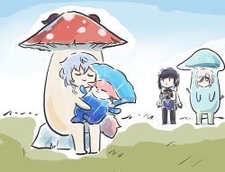 1girl alternate_form animalization blue_hair diagonal_bangs earrings floppy_ears fox ganyu_(genshin_impact) genshin_impact goat_horns hair_over_one_eye horns jewelry mihoyo multiple_girls mushroom mushroom_costume pink_fur shenhe_(genshin_impact) short_hair white_hair xinzoruo yae_miko yae_miko_(fox) yelan_(genshin_impact)