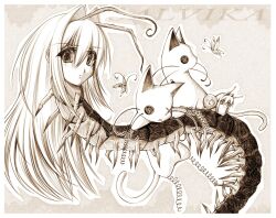 2000s_(style) annika_(ponymoe) antennae arthropod_girl bug butterfly button_eyes buttons cat centipede centipede_girl closed_mouth faux_retro_artstyle hair_intakes insect long_hair original ponymoe sketch smile snail snail_girl spring_(object) tareme whiskers