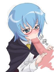 :&gt;= blouse blue_eyes blue_hair blush brooch cape censored fellatio glasses jewelry oral penis shirt simple_background tabitha_(zero_no_tsukaima) usami_usa_g zero_no_tsukaima