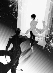 2boys black_coat black_hair coat door faceless fireworks full_body greyscale highres holding_hands kim_dokja light_particles monochrome multiple_boys omniscient_reader&#039;s_viewpoint outstretched_arm reaching reaching_towards_another shoes short_hair sparkle tack_ka_2_0 walking white_coat white_shoes yoo_joonghyuk
