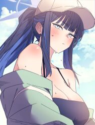 1girl absurdres anygatsby aqua_jacket bare_shoulders baseball_cap black_camisole black_hair blue_archive blue_eyes blue_hair blue_halo blue_sky blunt_bangs breasts camisole cleavage close-up closed_mouth cloud cloudy_sky collarbone colored_inner_hair cross_halo day halo hat highres jacket large_breasts long_hair looking_at_viewer multicolored_hair off_shoulder official_alternate_costume open_clothes open_jacket outdoors ponytail saori_(blue_archive) saori_(swimsuit)_(blue_archive) sidelocks sky solo sweat upper_body white_hat